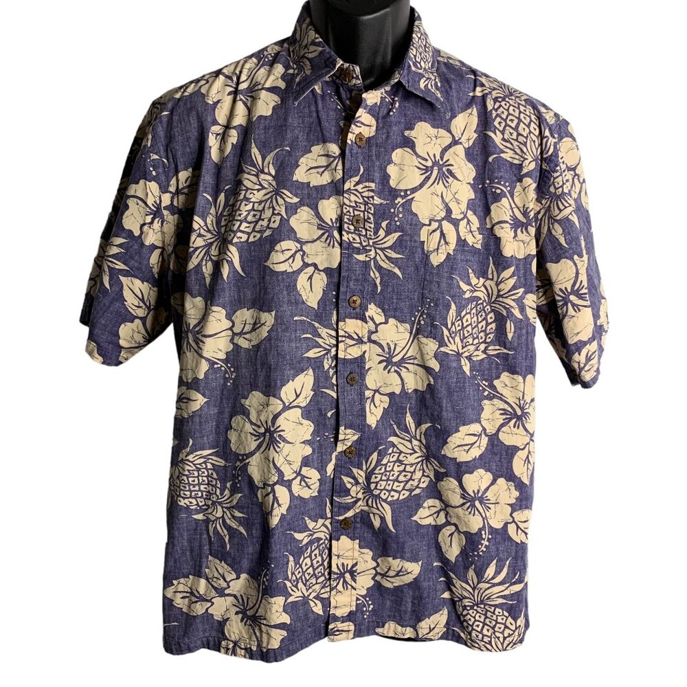Cooke Street Reverse Print Hawaiian Shirt L Blue Floral Camp Short Sleeve Pocket